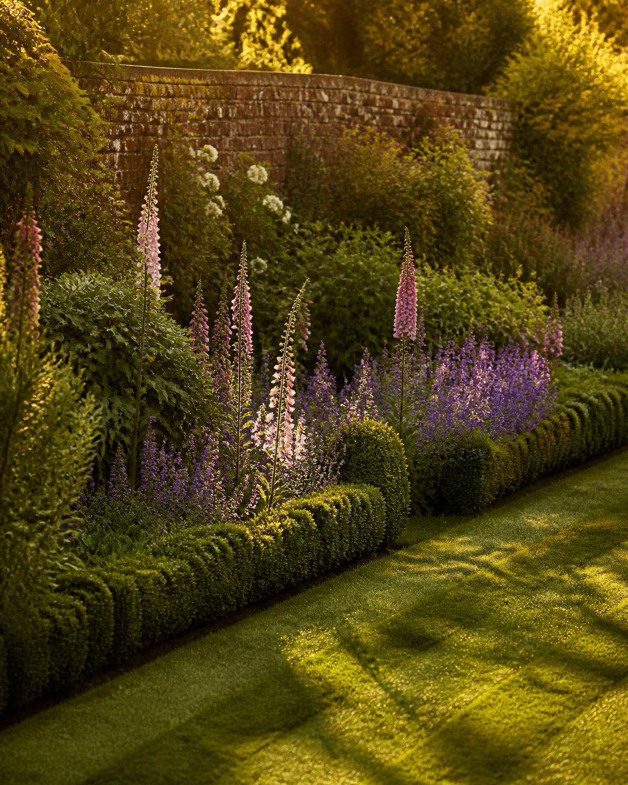 A striped English lawn beside deep herbaceous borders in golden evening light